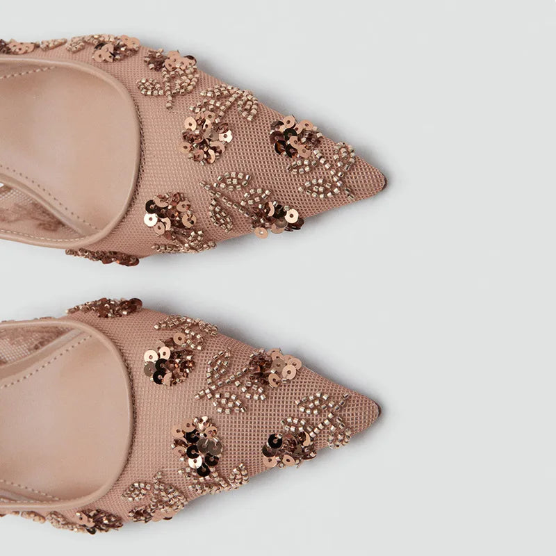 Luxury Bling String Bead Detail Mid Heel Women Pumps Pointed Toe Mesh Slingback Heeled Sandals for Ladies Elegant Women Shoes