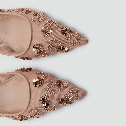 Luxury Bling String Bead Detail Mid Heel Women Pumps Pointed Toe Mesh Slingback Heeled Sandals for Ladies Elegant Women Shoes