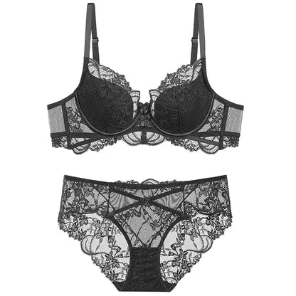 Sexy Hollow Bra French Ultra Thin Lace Embroidery Women Lingerie Set Underwire Push Up Bras Breathable Underwear and Panties Set