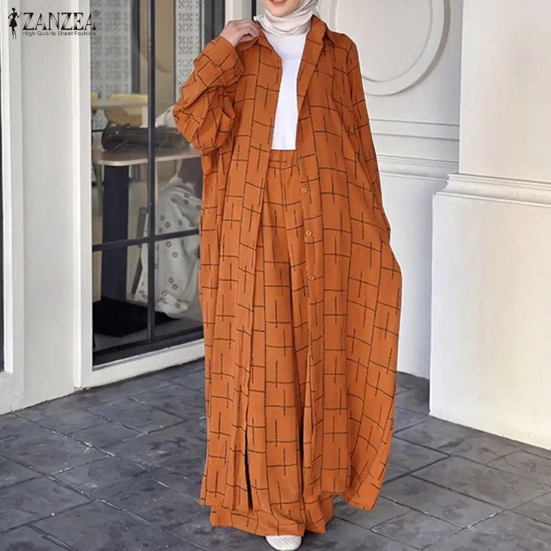 ZANZEA Muslim Sets Fashion Long Sleeve Long Tops Wide Leg Pants Autumn Pants Sets Blusas 2PCS Oversize Two-piece Outfits