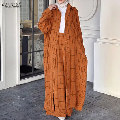 ZANZEA Muslim Sets Fashion Long Sleeve Long Tops Wide Leg Pants Autumn Pants Sets Blusas 2PCS Oversize Two-piece Outfits