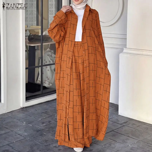 ZANZEA Muslim Sets Fashion Long Sleeve Long Tops Wide Leg Pants Autumn Pants Sets Blusas 2PCS Oversize Two-piece Outfits