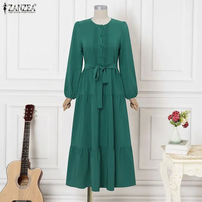 ZANZEA Women Autumn O Neck Long Sleeve Pleated Sundress Elegant Muslim Abaya Dress Maxi Robe Casual Kaftan Stylish Party Dress