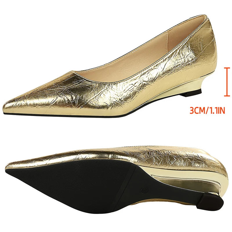 BIGTREE Shoes Women Wedges Shoes Pointed End Women Pumps Comfort Women's Shoes Low-Heel 3 CM Fashion Banquet Shoes Gold Sliver
