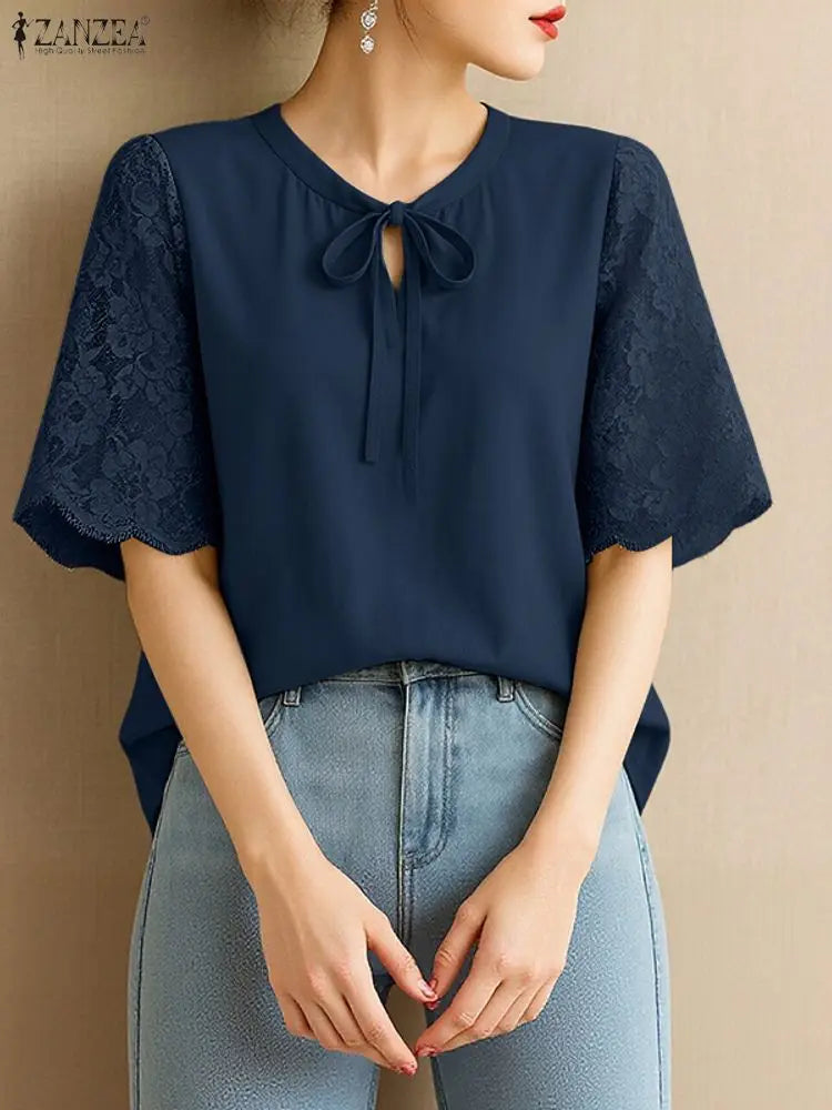 ZANZEA Elegant Women's Lace Patchwork Half Sleeve Blouses Casual Lace-Up O-Neck Solid Color Tops Korean Fashion Woman Clothes