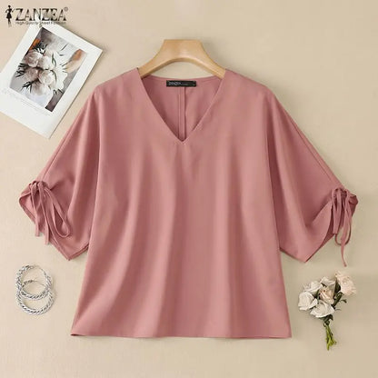 ZANZEA Woman Summer Loose Blouses Casual V-Neck Half Sleeve Tied Cuffs Solid Color Tops Fashion Daily Streetwear Blusas Mujer