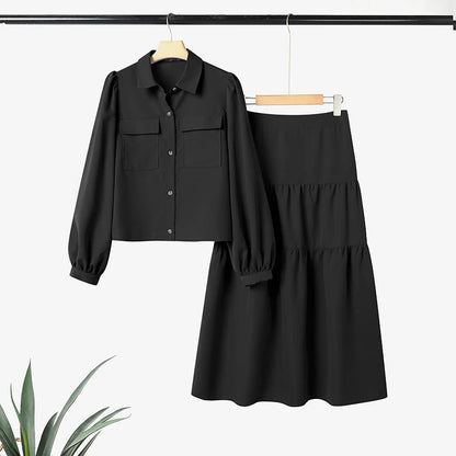 ZANZEA Casual Women's 2 Piece Skirt Sets Long Sleeve Shirts and Elastic Waist Midi Skirts Suits 2pcs Elegant Woman Outfits