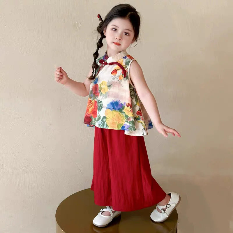 Fashion Chinese Tops Pants Girl Suit Casual Costume Kids Clothes Baby Outfit Summer Two-piece Set Girls Hanfu Children's Sets
