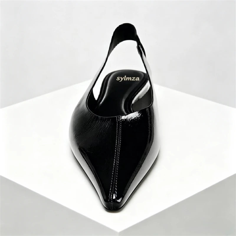 Black Patent Leather Ballet Flats Women Sexy Pointy Toe Slingback Soft Leather Flat Sandals Comfortable Office Shoes for Women