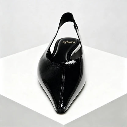 Black Patent Leather Ballet Flats Women Sexy Pointy Toe Slingback Soft Leather Flat Sandals Comfortable Office Shoes for Women