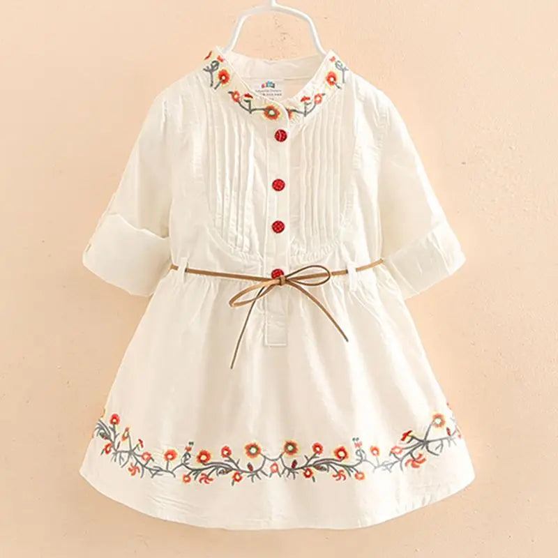 2026 Spring Autumn New 3 4 6 8 10 12 Years Embroidery Flower Long Short Sleeve Double Use Denim Blue Kids Girl Dress With Belt