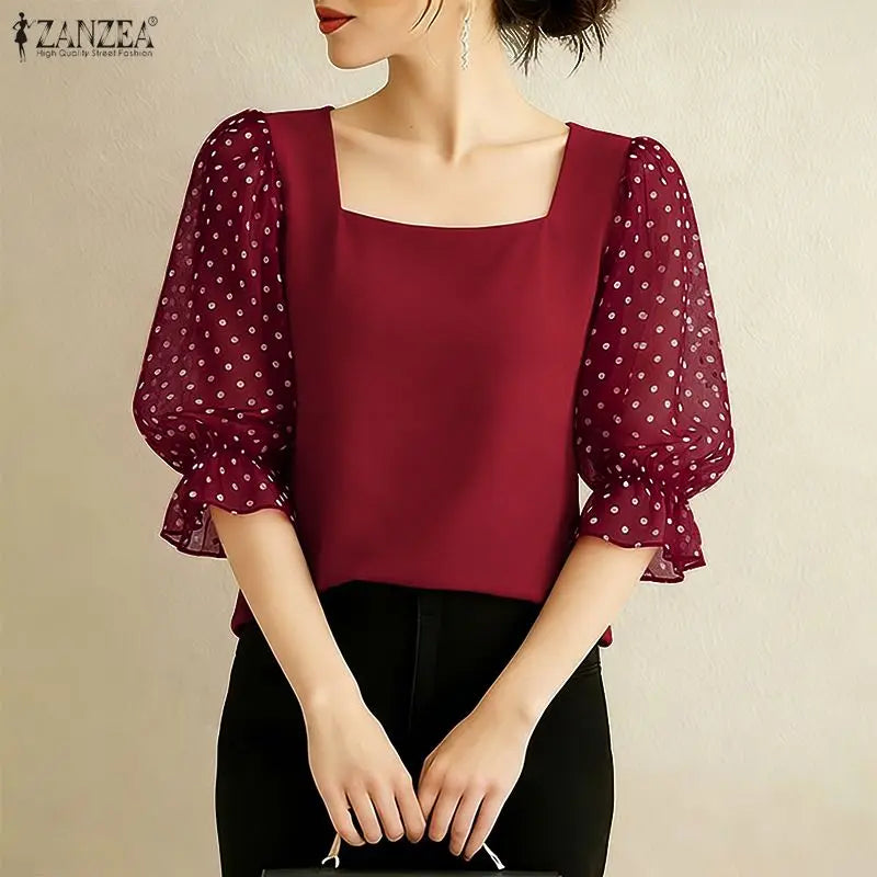 ZANZEA Women's Polka Dots Patchwork Blouses Elegant Square Neck 3/4 Puff Sleeve Pullover Tops Spring Summer Woman Clothes S-3XL