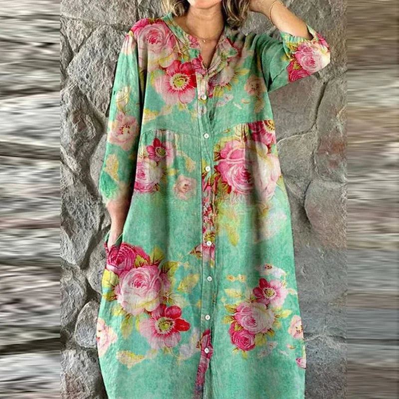 Bohemian Loose Single Breasted Dress Women's Casual O-neck Pocket Commuting Dress Spring Summer Floral Print Long Sleeved Dress