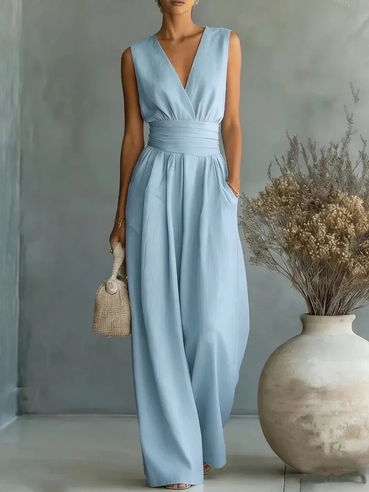 Women Elegant High Waist Jumpsuits Summer Short Sleeve Wide Leg Pants Romper Casual V Neck Solid Loose Jumpsuits Streetwear