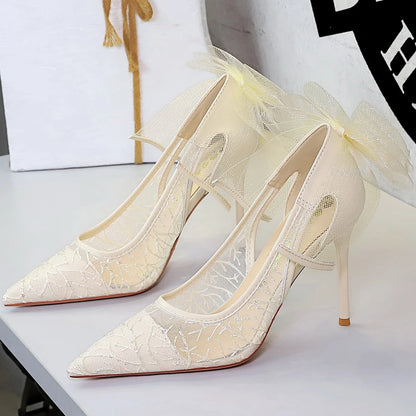 BIGTREE Shoes Sexy Hollow Lace Mesh Women Pumps Bowknot High Heels Pointed Tip Stiletto Heels 9.5 cm Sexy Party Shoes Women Pump