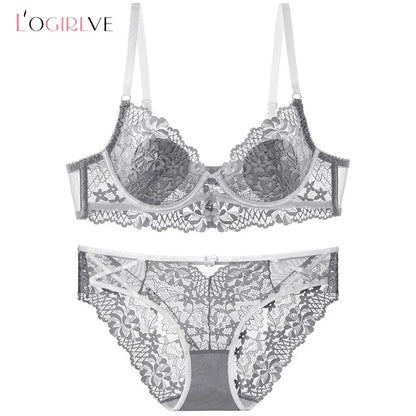 New Women Lingerie Set Sexy Lace Push Up Bra French 3/4 Thin Cup Bralette Cute Bow Decoration Underwear Comfort Bras Briefs Sets