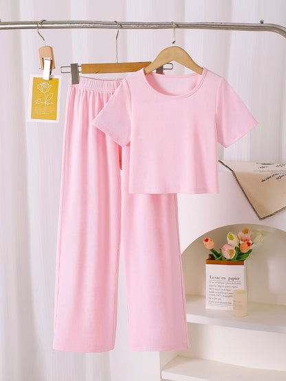 Girls Summer Outfit Short Sleeve Top And Long Pants Two-Piece Set Fashionable Casual Versatile Travel Clothing for Kids