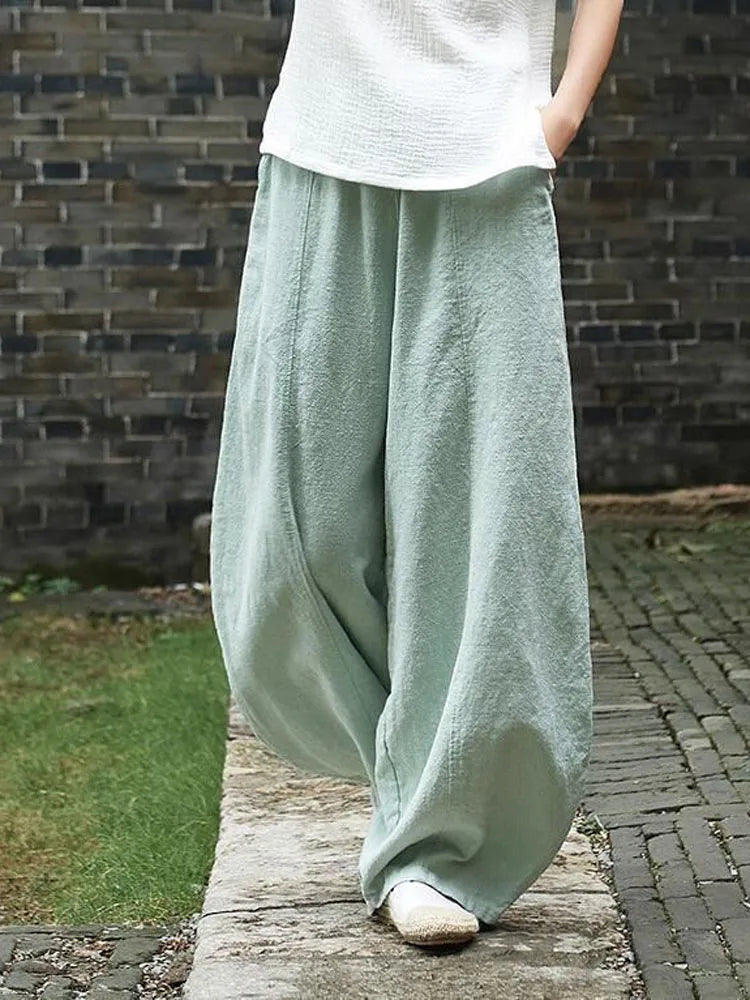 2024 Cotton Linen Bloomers Wide Leg Pants Women Vintage Full Length Fashion Elegent Pants Solid Elasitic Waist Spring Autumn 5XL