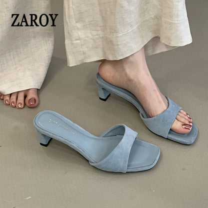 Casual Pull On Square High Heel Slippers Women Summer Footwear Suede Light Blue Backless Slide Brand Designer Party Dress Shoes
