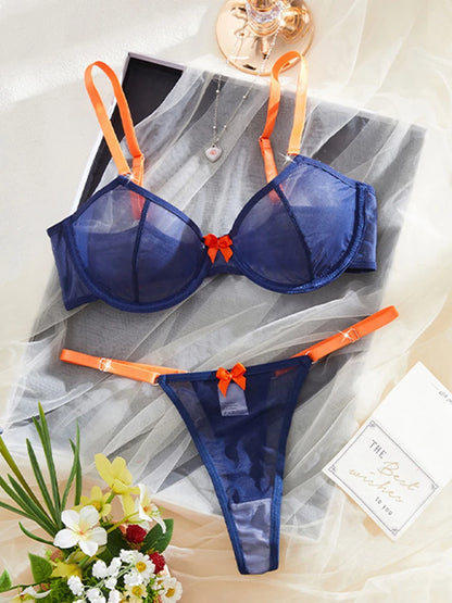 Women's Lingerie Navy Blue Sheer Mesh Underwear Steel Rings Bra Orange Bow Thongs 2Pieces Sexy Lingerie Contrast Color Intimates
