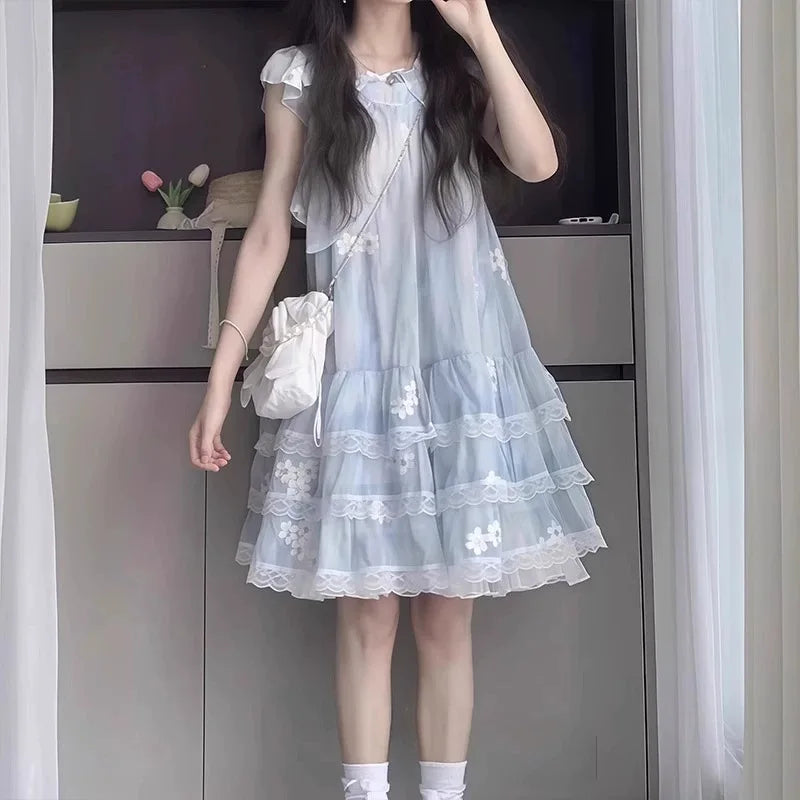2026 summer Kids Girls SKY BLUE lace sleeveless mesh floral Princess Teenager New layered Dress Clothing 3 4 8 9 12 14 Years