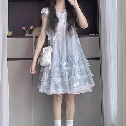 2026 summer Kids Girls SKY BLUE lace sleeveless mesh floral Princess Teenager New layered Dress Clothing 3 4 8 9 12 14 Years