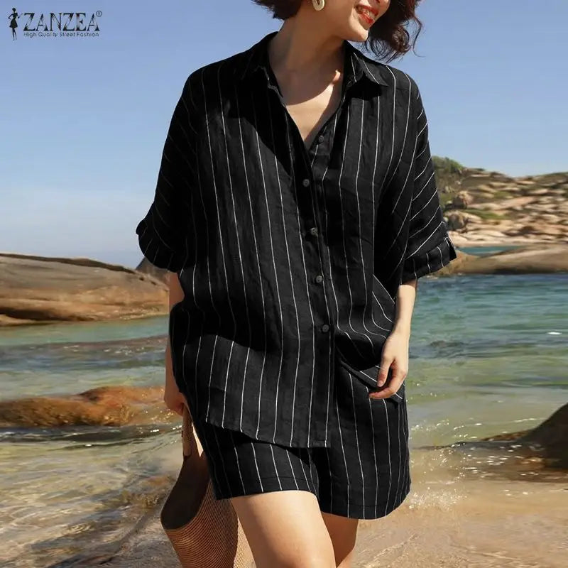 2026 ZANZEA Summer Elegant Short Sleeve Lapel Neck Shirt Short Sets Casual Women 2 Pieces Sets Striped Holiday Outfits Tracksuit