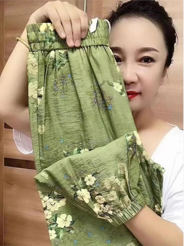 Summer Thin Cotton Linen Floral Casual Pants Women High Waist Nine Points Ice Silk Loose Fit Trousers for plus Size Ladies