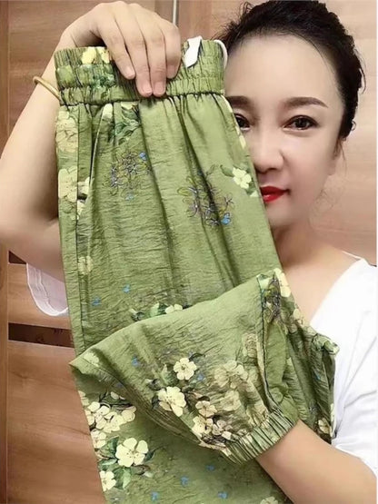 Summer Thin Cotton Linen Floral Casual Pants Women High Waist Nine Points Ice Silk Loose Fit Trousers for plus Size Ladies