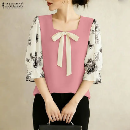 ZANZEA Woman Elegant Bow Detail Blouses Square Neck Floral Printed 3/4 Sleeves Contrast-Color Tops Spring Summer Blusas de Mujer