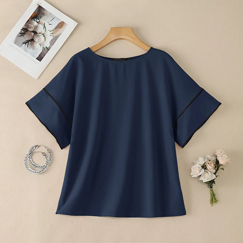 ZANZEA Women's Casual Loose Boatneck Blouses Short Sleeve Contrast-Trim Solid Color Tops Minimalist Fashion Blusas de Mujer