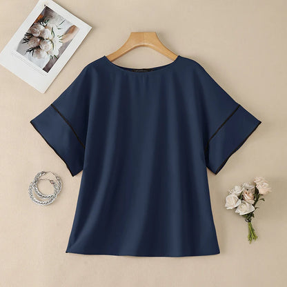 ZANZEA Women's Casual Loose Boatneck Blouses Short Sleeve Contrast-Trim Solid Color Tops Minimalist Fashion Blusas de Mujer