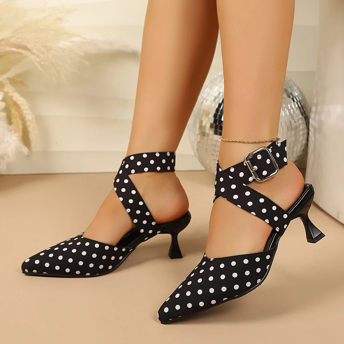 Ladies Cross-Band High Heels Sandals Thin Heel Summer New Polka Dot Slip-On Buckle Strap Elegant Footwear for Women