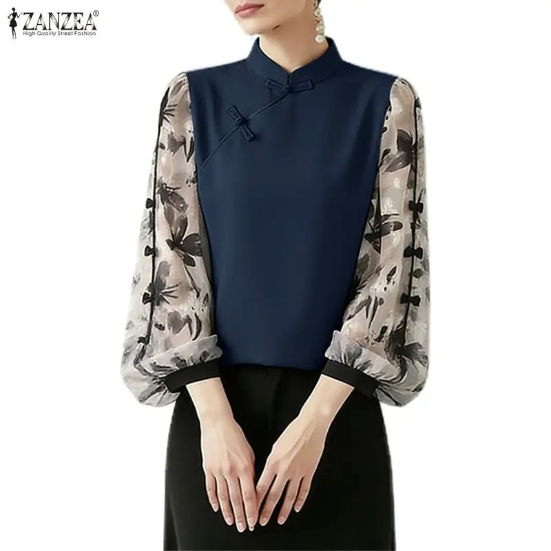 ZANZEA Summer Woman Vintage Blouses Mandarin Collar Floral Printed Puff Sleeves Bows Detail Tunic Tops Casual Blusas de Mujer