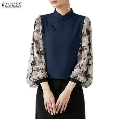 ZANZEA Summer Woman Vintage Blouses Mandarin Collar Floral Printed Puff Sleeves Bows Detail Tunic Tops Casual Blusas de Mujer