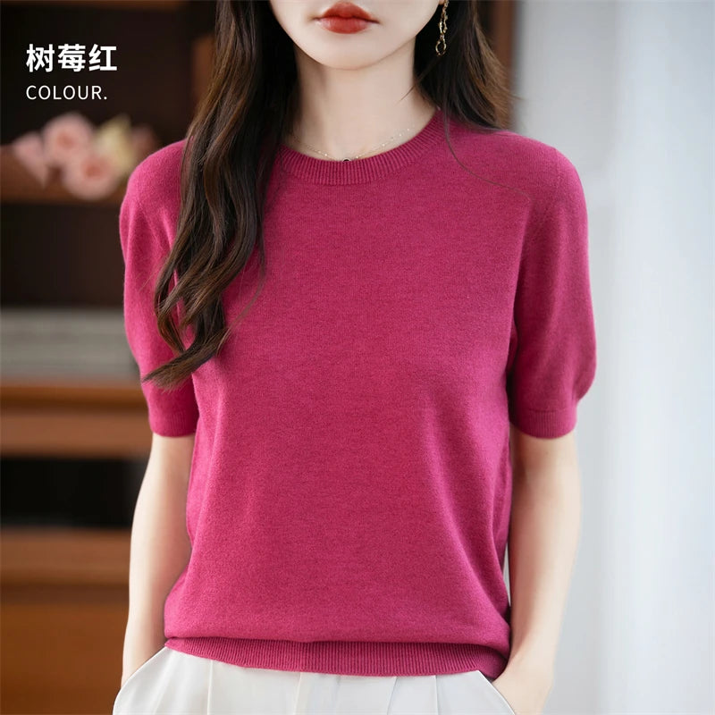 Autumn Women 100% Merino Wool Sweater O-Neck Cashmere Pullover Basic Fashion Short Sleeve Clothing Comfort Top Casual Solid