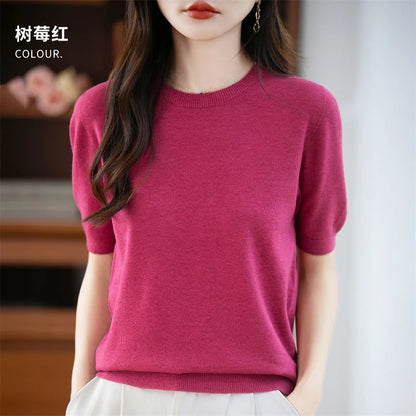 Autumn Women 100% Merino Wool Sweater O-Neck Cashmere Pullover Basic Fashion Short Sleeve Clothing Comfort Top Casual Solid