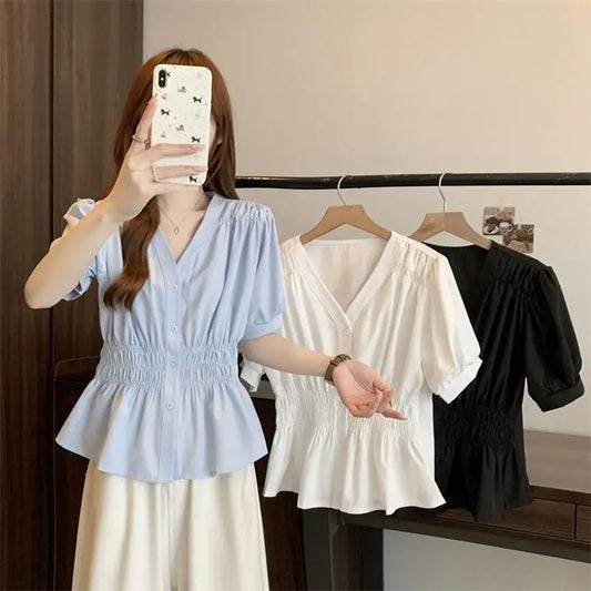 Elastic waist cinching and slimming summer shirt, women's short sleeved solid color top, new minimalist V-neck French style top