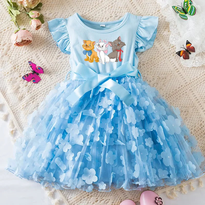 Marie Cat Girls Summer Dress Cartoon Bow Tutu Dress 3D Butterfly Cute Cotton Party Casual Dress for Baby 2-6 Years