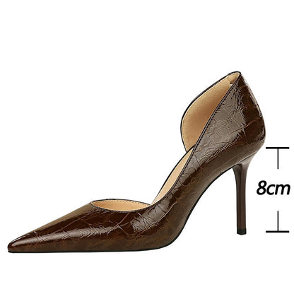 BIGTREE Shoes Women 8 Cm Heels Patent Leather Design Women Pumps Pointed Side Hollow Retro High Heels Stilettos Party Shoes 43