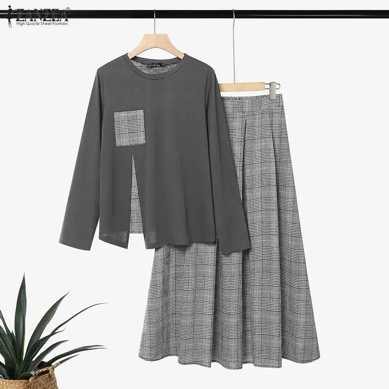 ZANZEA Women Plaid Patchwok Outfits Muslim 2 Pieces Sets Casual O Neck Long Sleeve Blouse A Line Maxi Skirt Suit Matching Sets