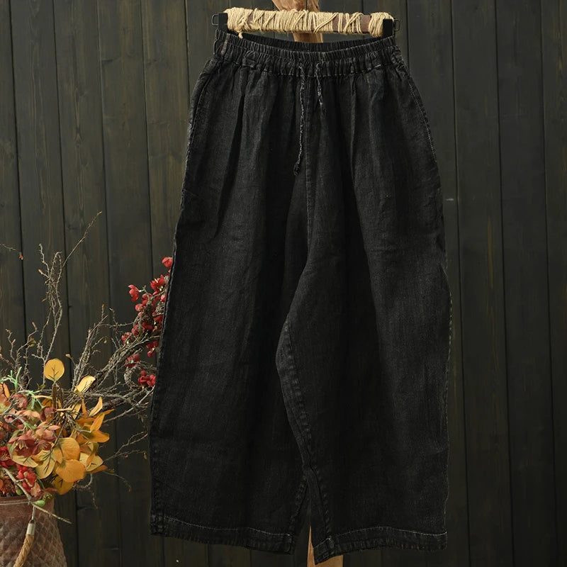 100% Linen Women Casual Harem Pants New 2026 Summer Vintage Style Striped Loose Comfortable Female Ankle-length Pants M2406