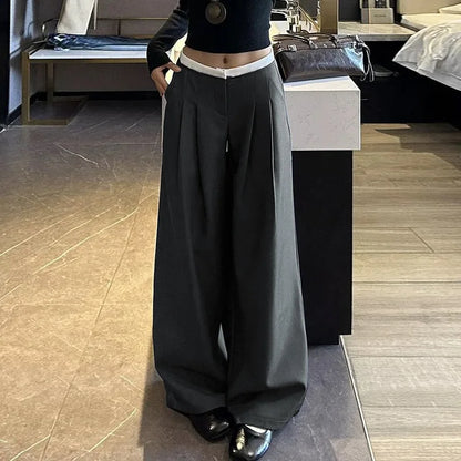 Gray Wide-leg Pants Women White High Waist Splicing Loose Thin Casual Suit Pant Full Length Lady's Solid Autumn Women's Trousers