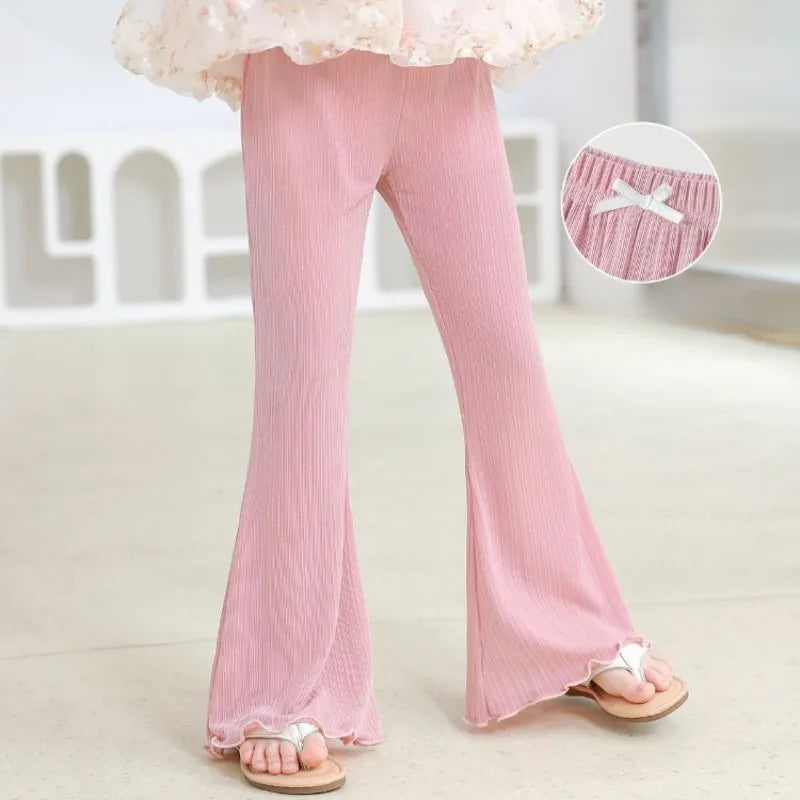 Girls' Summer Lightweight Bell Bottom Pants with Bow Height Enhancing Versatile Casual Pants for Kids Stylish and Comfortable