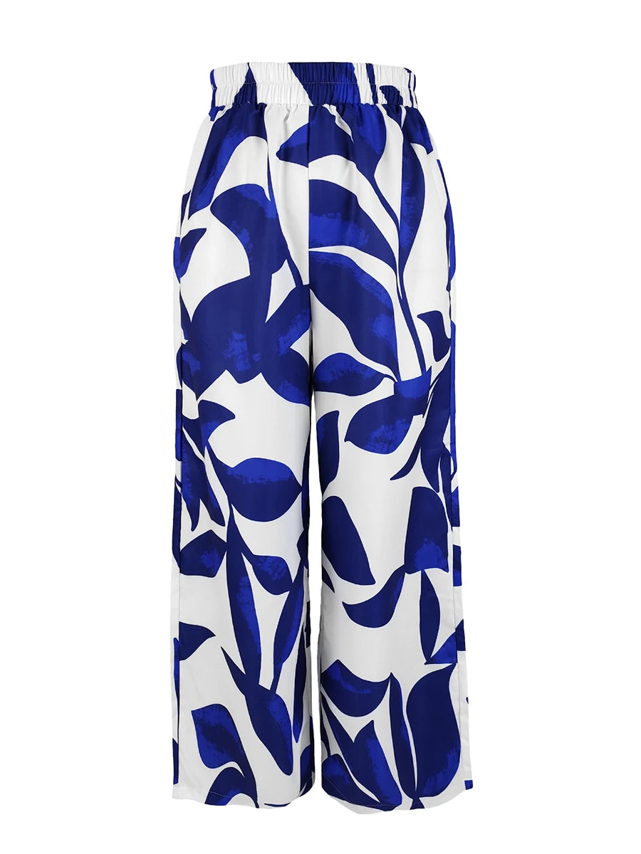 Autumn Winter Women Elegant Leaf Print Wide Leg Pants High Waist Loose Casual Trousers Vintage Palazzo Pants Streetwear Female