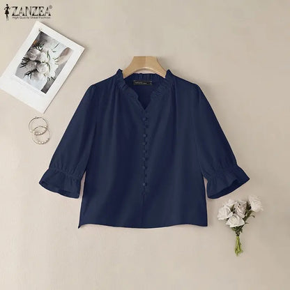 ZANZEA 2026 Women Cotton Linen Breathable Blouses Ruffled Trim V-Neck 3/4 Sleeve Thin Tops Summer Casual Solid Color Blusa Mujer