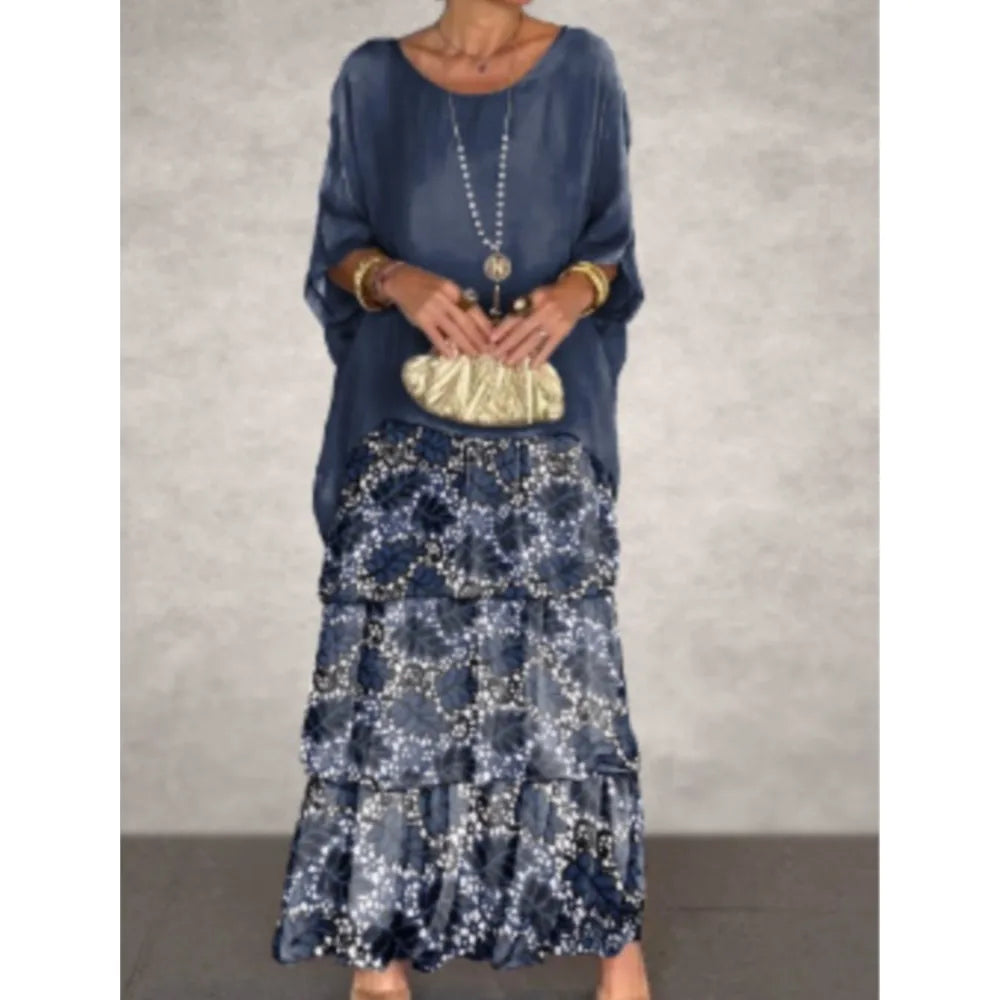 Fashion New Chiffon Printing Mesh Bat Sleeve O Neck Long Women's Dresses Summer Casual Loose Elegant Female Holiday Beach Dress
