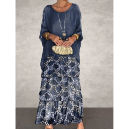 Fashion New Chiffon Printing Mesh Bat Sleeve O Neck Long Women's Dresses Summer Casual Loose Elegant Female Holiday Beach Dress