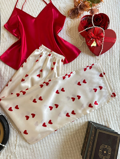 New V Neck 2 piece Women's Pajamas with Contrast Color Solid Top with Heart Printed long Pants Casual Sleepwear Set for Ladies