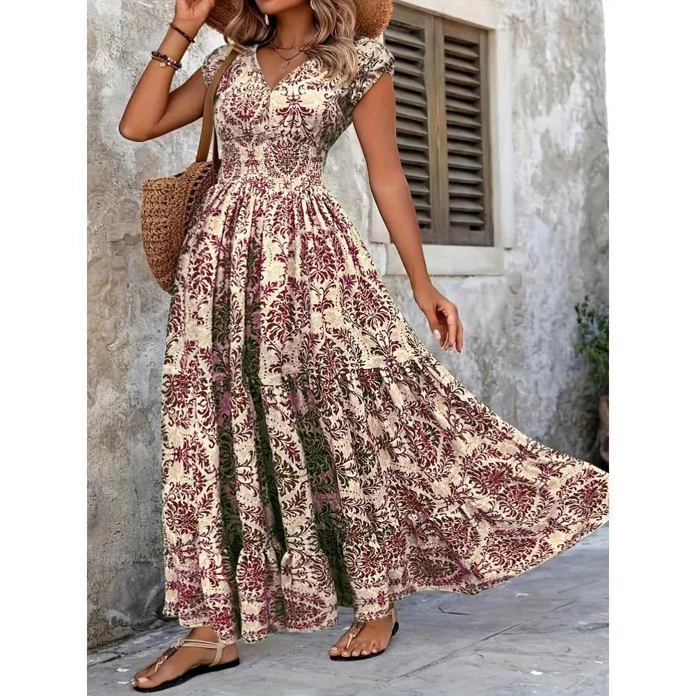 Plus Size Women's Bohemian Floral Print V-Neck Short Sleeve Dress Oversized Ruffled Skirt For Women Casual A-line Long Dresses